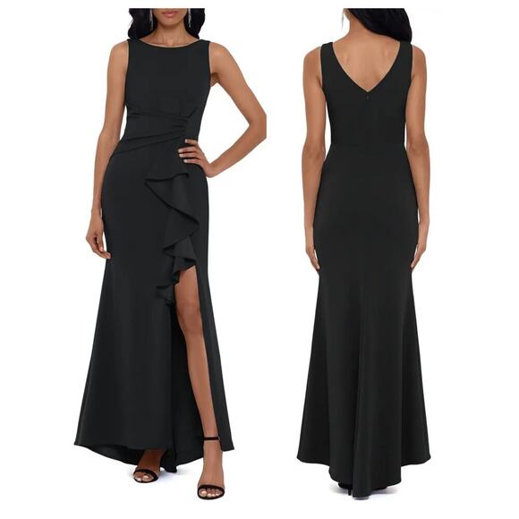Betsy & Adam Christine Scuba Crepe Ruffle Bow Trumpet Gown Size 14 - Picture 1 of 8